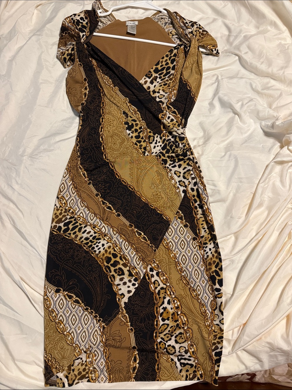 Cache Black and Brown Animal-Print Midi Wrap Dress